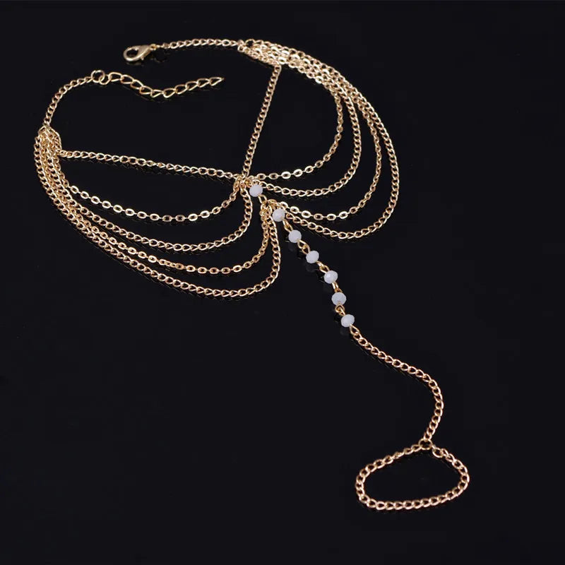 Nueva playa descalzo sandalia joyería elegante novia Sexy mujer moda encanto capa cadena enlace cuentas de cristal pie tobillera pulsera