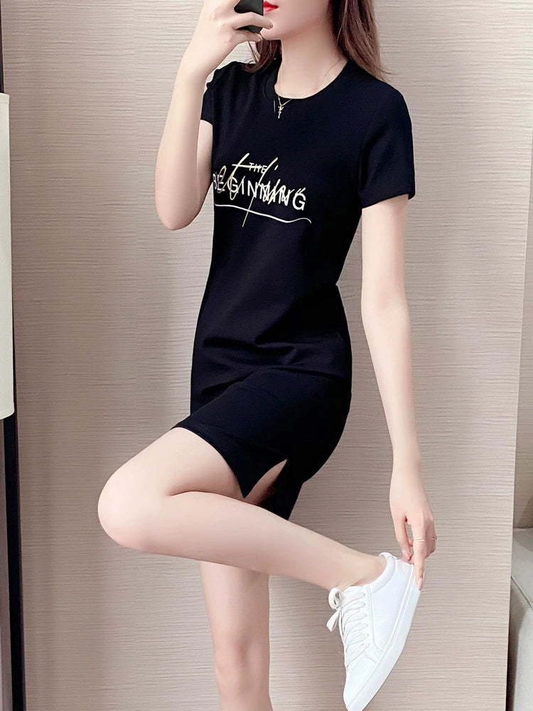 Summer Straight Minimalist Casual Letter Short Sleeve T-shirt Skirt