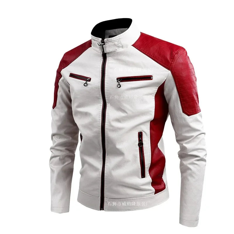 2025 nuevas chaquetas de bicicleta de motocicleta de cuero PU con cuello levantado bloqueado de Color para hombres, abrigo de PU informal fino multicolor para primavera y otoño