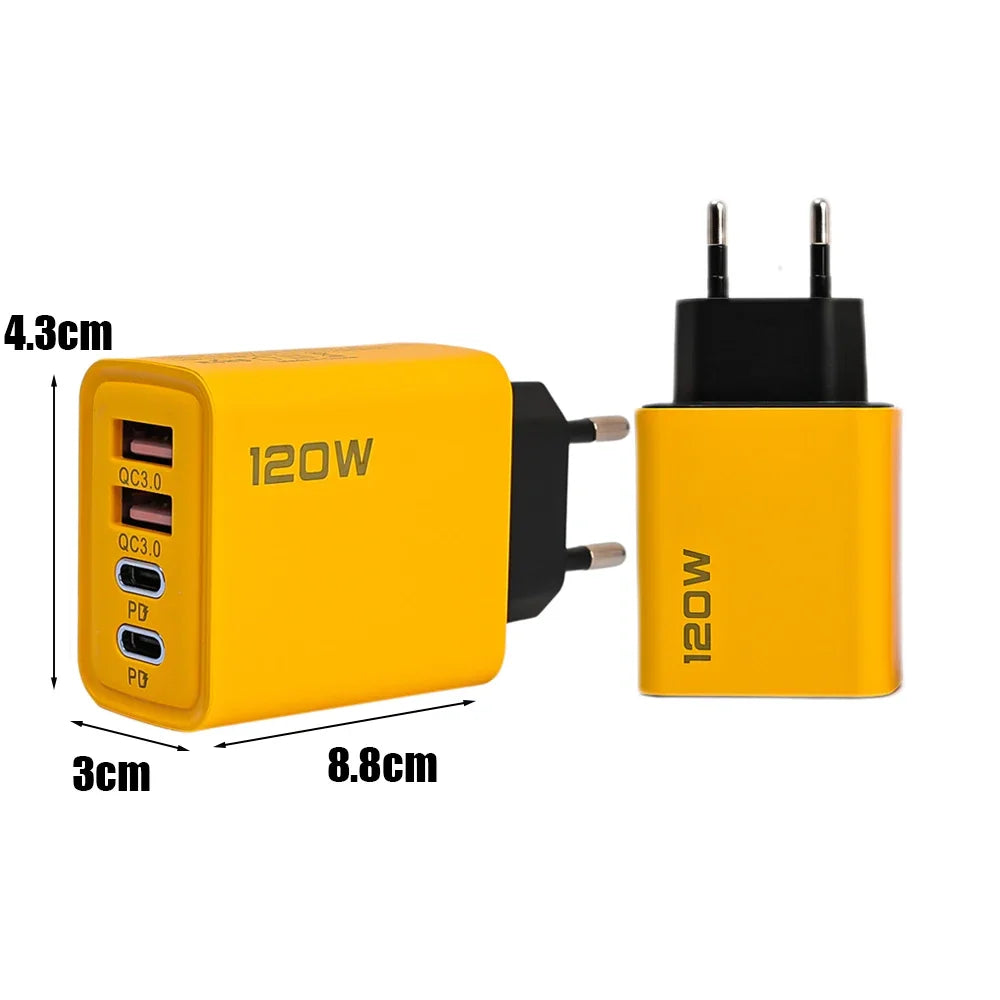 Cargador de teléfono móvil de 4 puertos de carga rápida de 120W QC3.0 cargadores USB tipo C adaptador de pared PD Dual enchufe UE/EE. UU./Reino Unido para iPhone15 Xiaomi