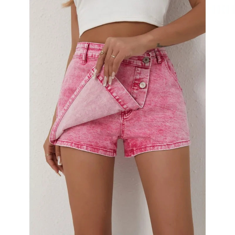 Pantalones cortos de mezclilla para mujer, estilo informal a la moda, pantalones de talle alto con botones asimétricos, nuevos pantalones vaqueros rosas 2025