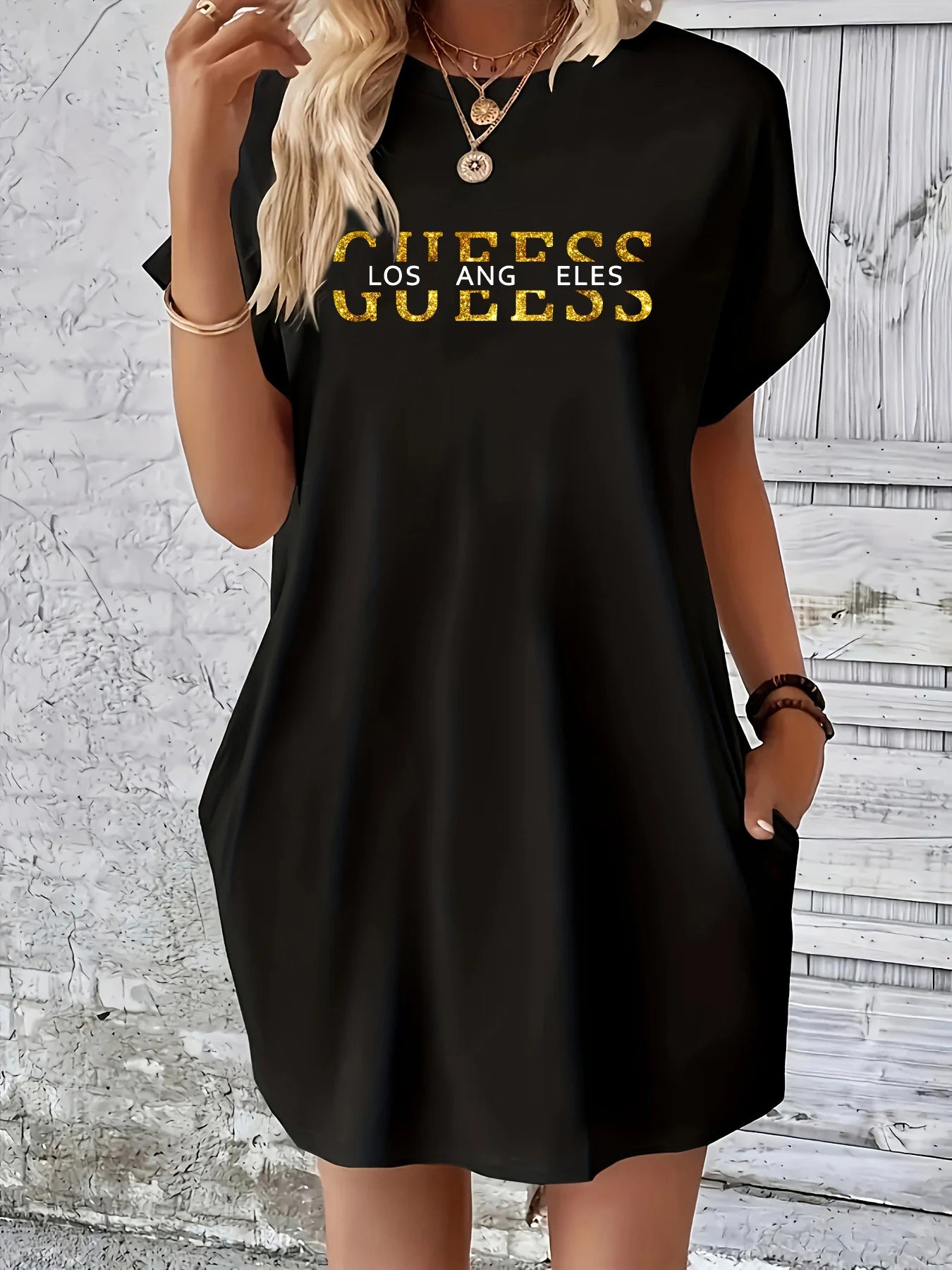 Vestido holgado de verano para mujer GUEESS Los Ángeles con estampado de letras, cuello redondo, manga corta, bolsillo, cómodo, informal, de talla grande