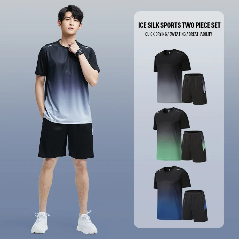 Ropa Deportiva de seda de hielo para hombre, Conjunto de camiseta de manga corta de secado rápido para verano, correr por la mañana, entrenamiento de baloncesto, Sh
