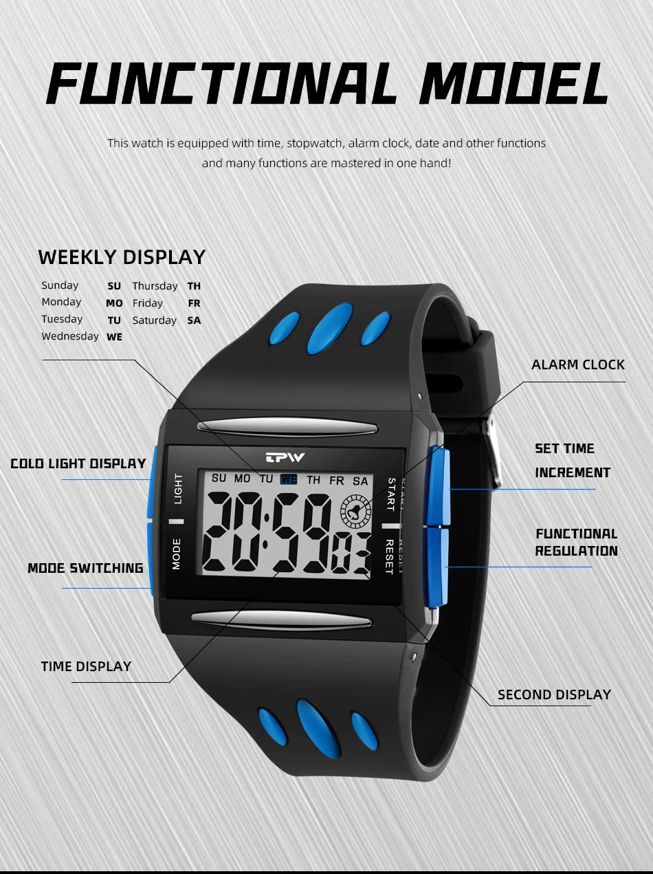 Reloj Digital de tendencia a la moda para niños jóvenes, nuevo reloj electrónico multifuncional luminoso resistente al agua con pantalla grande para hombres