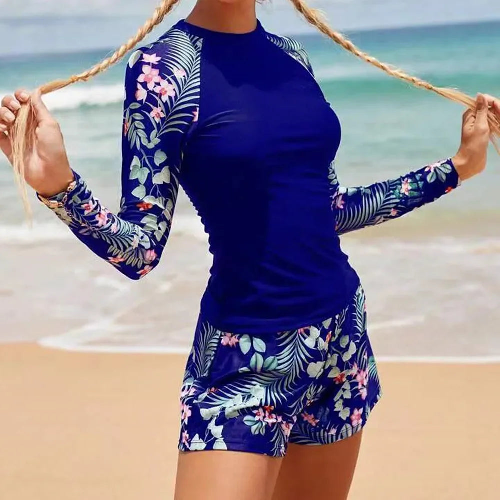 Nuevo conjunto de Bikini estampado de manga larga con cuello redondo protección solar ajustado trajes de baño separados para mujer marca china AE Stock