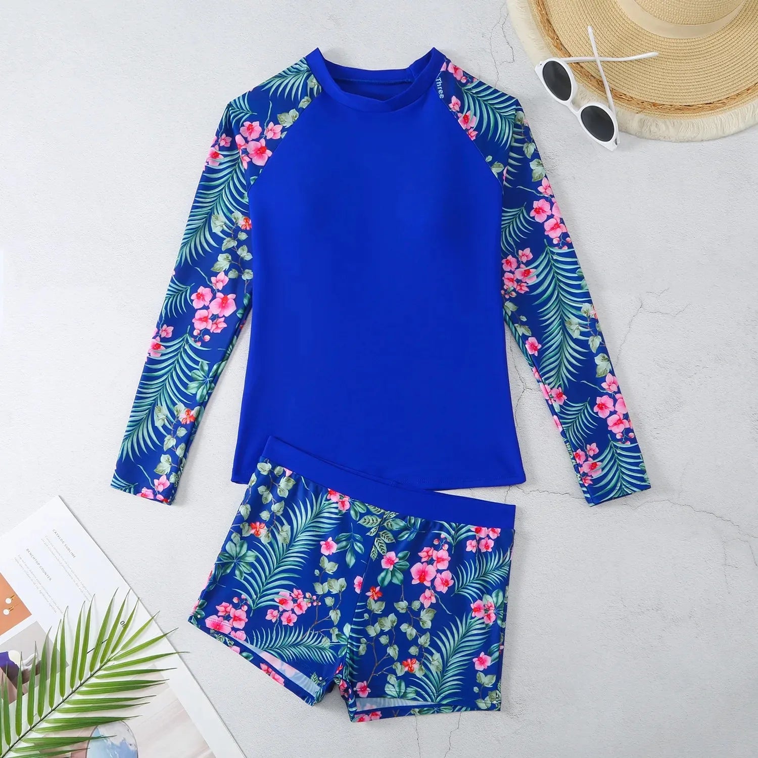 Nuevo conjunto de Bikini estampado de manga larga con cuello redondo protección solar ajustado trajes de baño separados para mujer marca china AE Stock