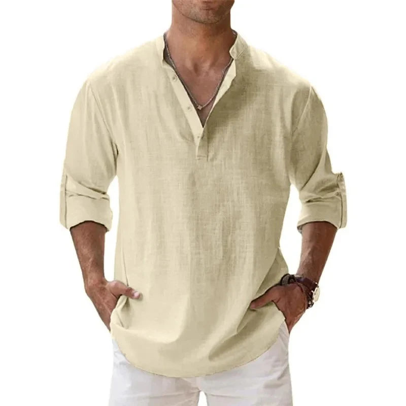 Ropa de calle, camisas ligeras para hombre, camisas de lino y algodón Henley de manga larga para hombre, camisas hawaianas de playa, camisetas con cuello transpirable