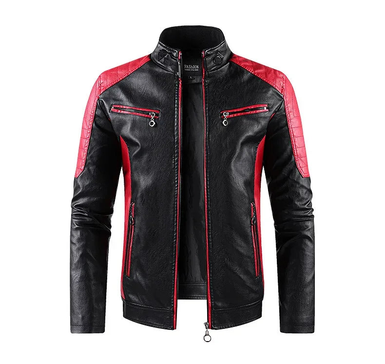 2025 nuevas chaquetas de bicicleta de motocicleta de cuero PU con cuello levantado bloqueado de Color para hombres, abrigo de PU informal fino multicolor para primavera y otoño