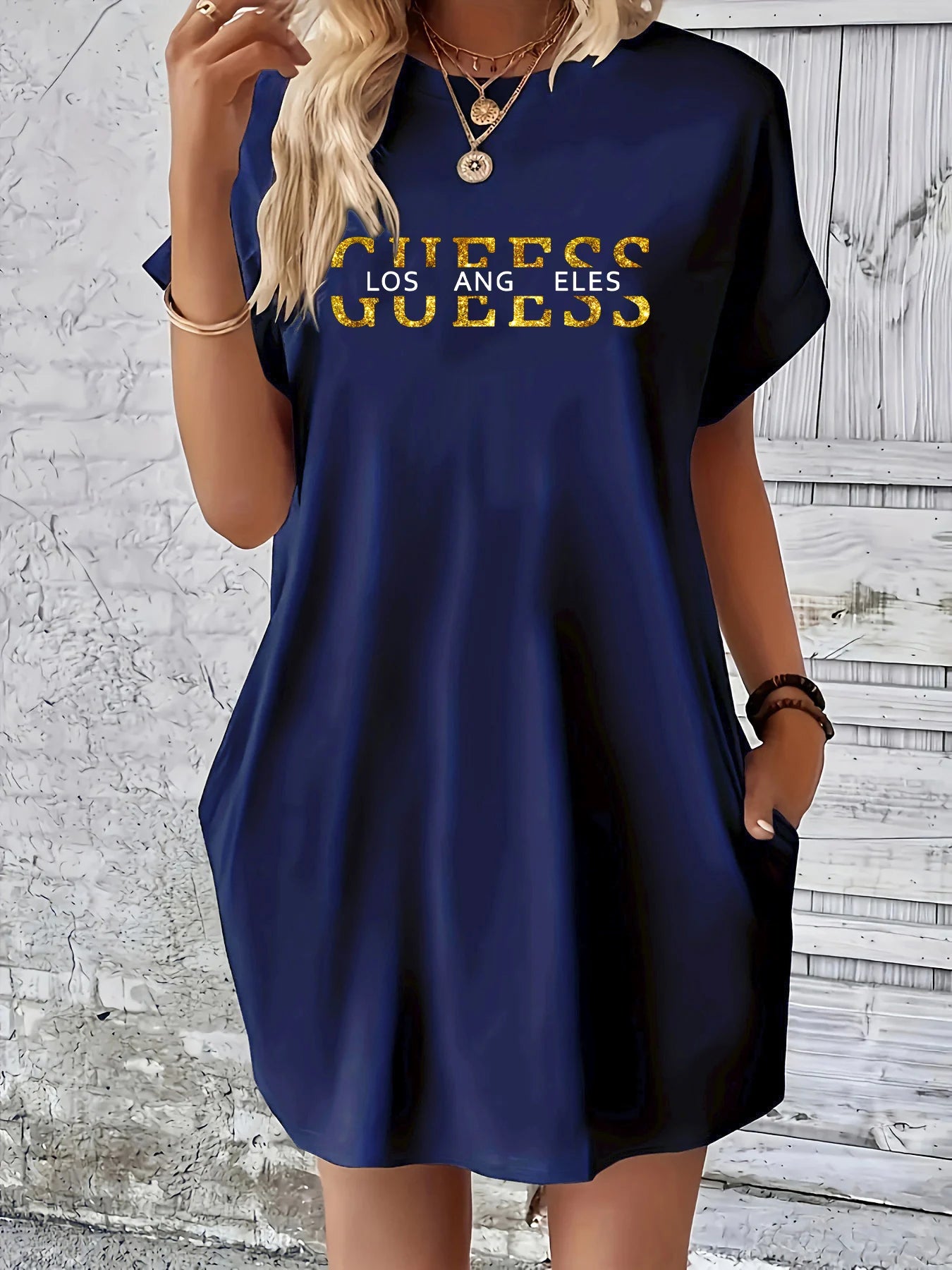 Vestido holgado de verano para mujer GUEESS Los Ángeles con estampado de letras, cuello redondo, manga corta, bolsillo, cómodo, informal, de talla grande