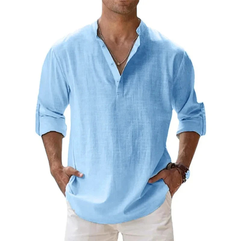 Ropa de calle, camisas ligeras para hombre, camisas de lino y algodón Henley de manga larga para hombre, camisas hawaianas de playa, camisetas con cuello transpirable