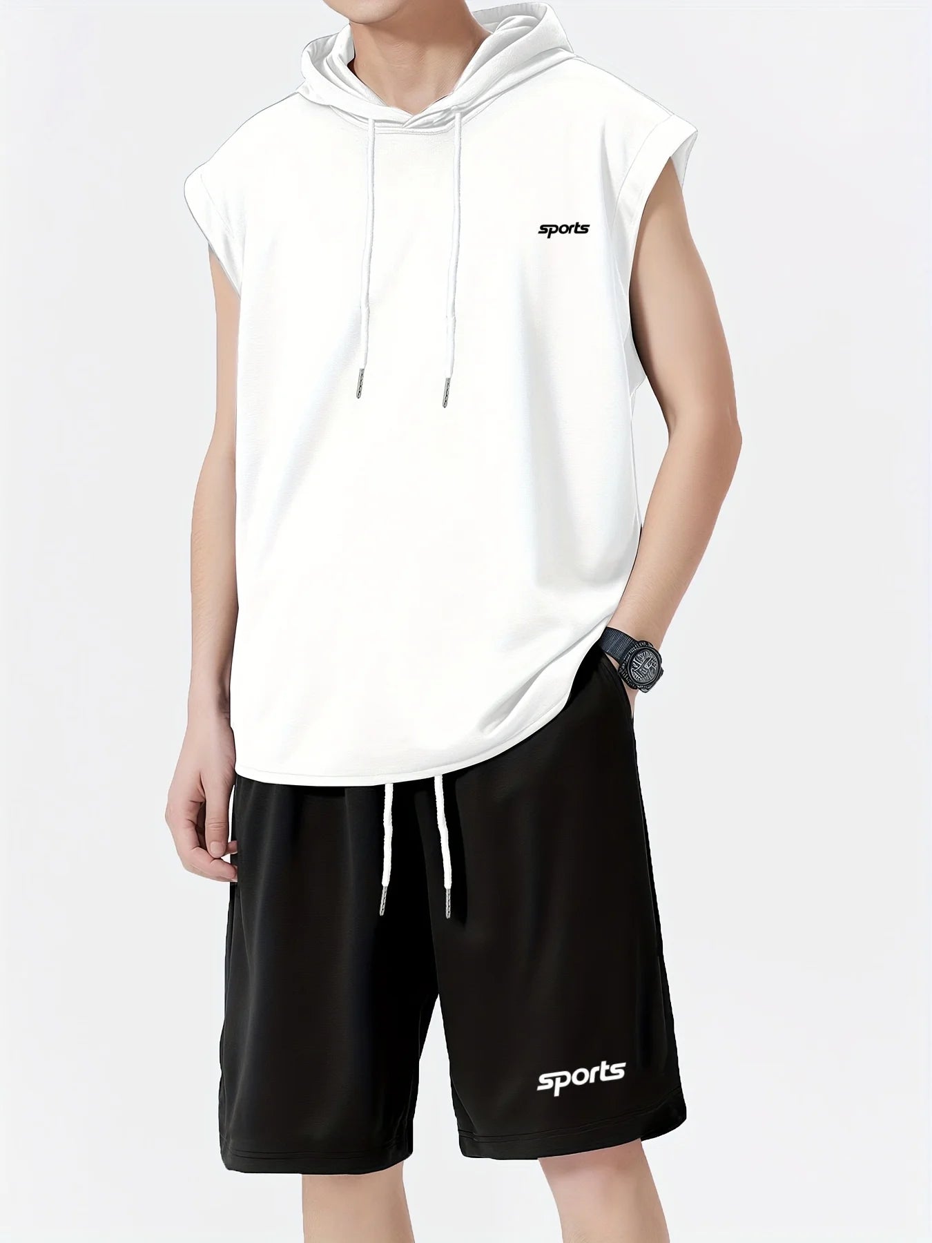 Camiseta deportiva de manga corta con capucha y pantalones cortos transpirables para hombre, conjunto de entrenamiento integral, ropa refrescante y de secado rápido