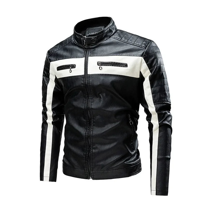 2025 nuevas chaquetas de bicicleta de motocicleta de cuero PU con cuello levantado bloqueado de Color para hombres, abrigo de PU informal fino multicolor para primavera y otoño