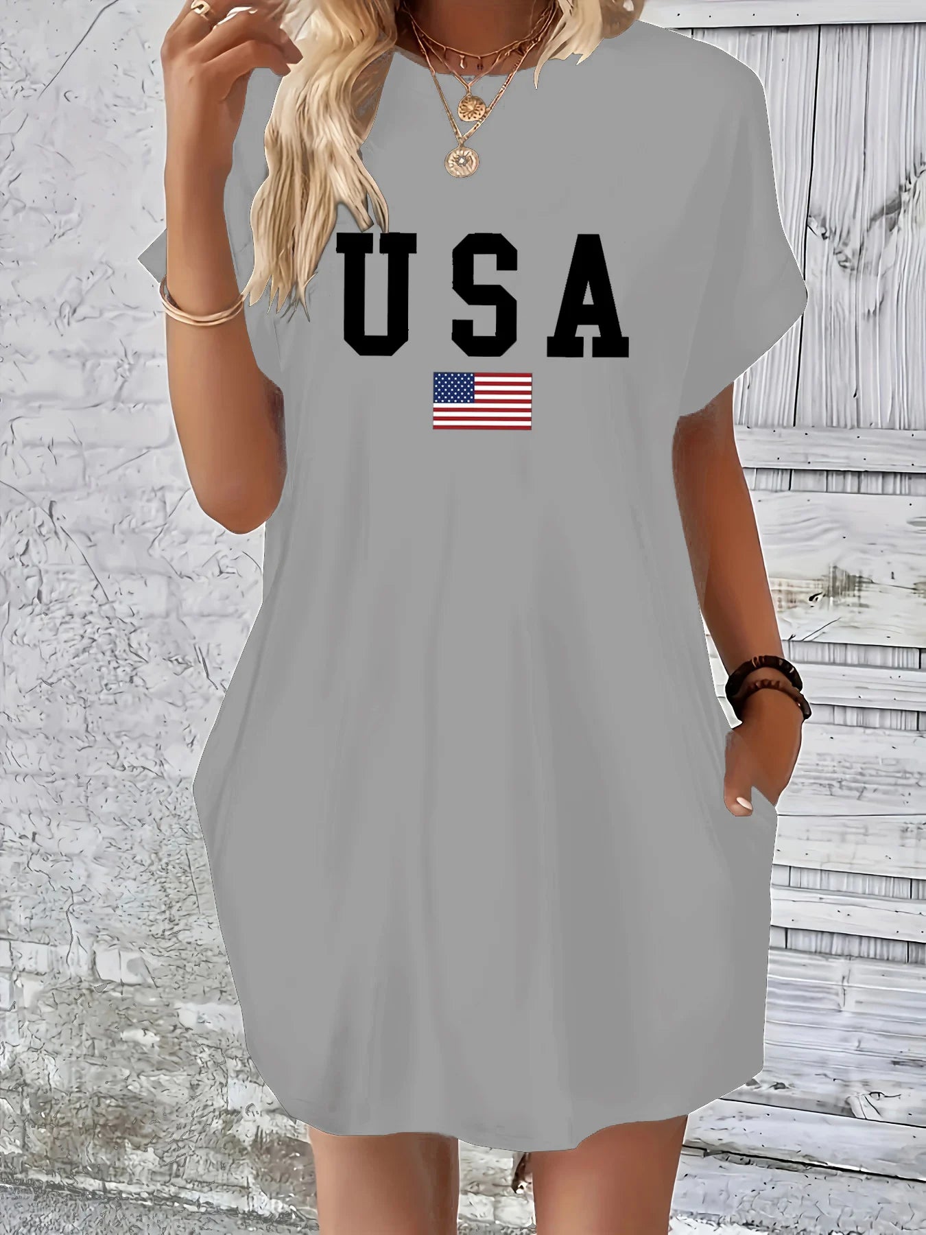 Vestido informal cómodo con bolsillo y manga corta y cuello redondo con estampado de bandera de EE. UU. clásico holgado de verano para mujer