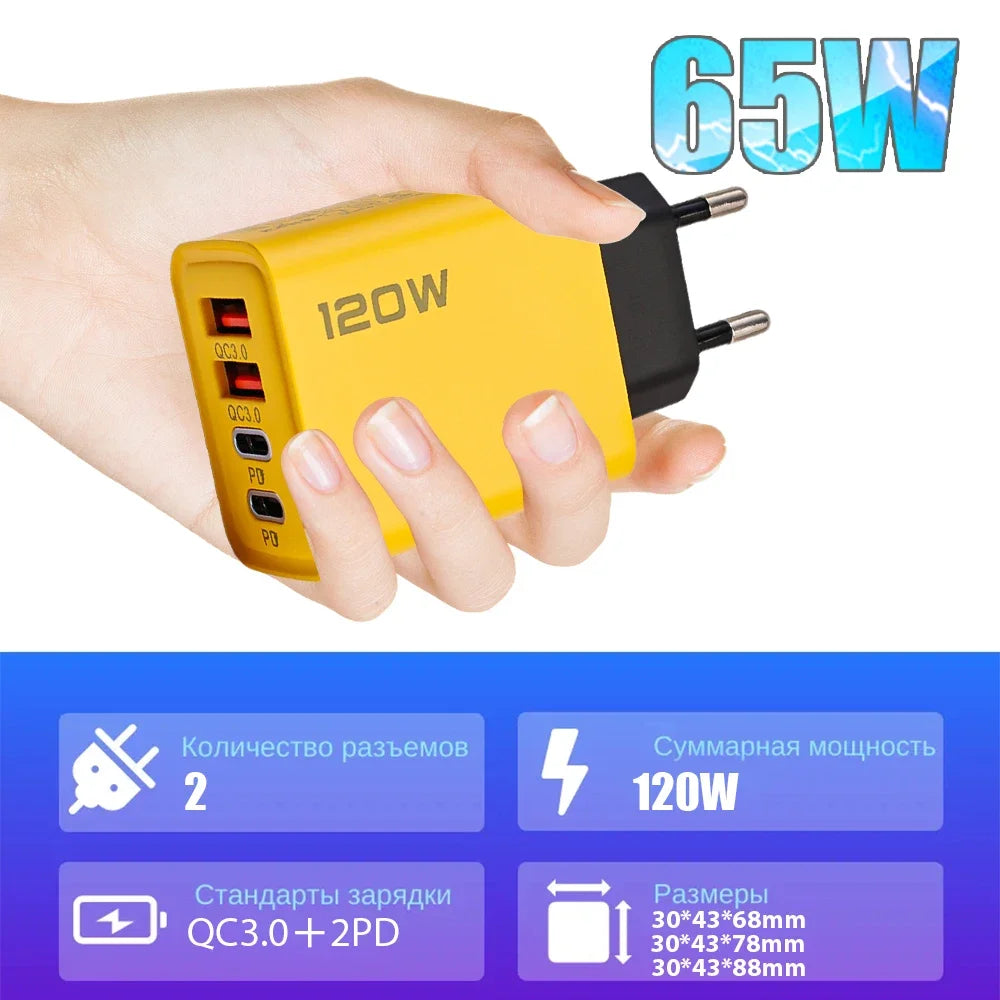 Cargador de teléfono móvil de 4 puertos de carga rápida de 120W QC3.0 cargadores USB tipo C adaptador de pared PD Dual enchufe UE/EE. UU./Reino Unido para iPhone15 Xiaomi