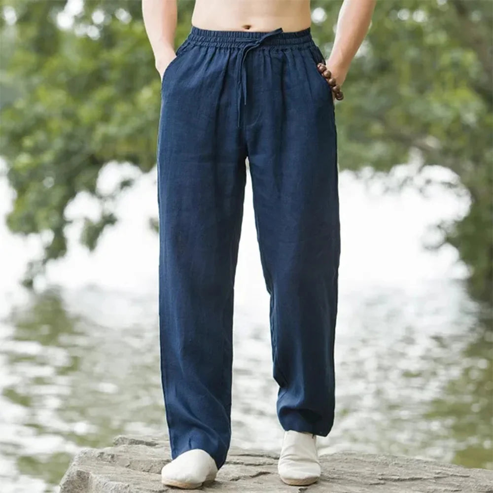 Pantalones de playa para hombre, ropa de calle, pantalones de chándal de lino y algodón, pantalones casuales, vacaciones hawaianas, sueltos, largos de verano
