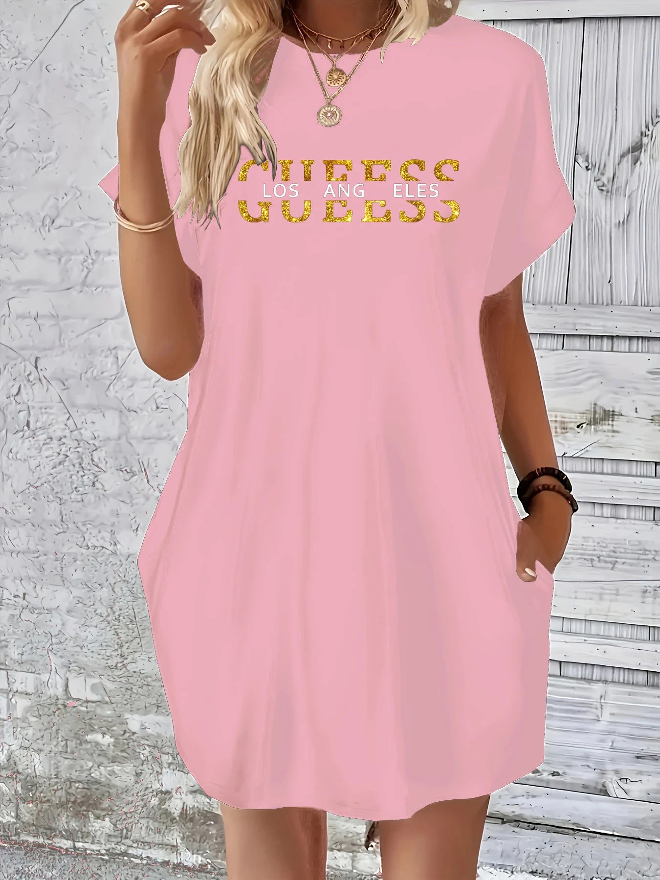 Vestido holgado de verano para mujer GUEESS Los Ángeles con estampado de letras, cuello redondo, manga corta, bolsillo, cómodo, informal, de talla grande