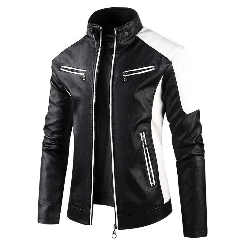 2025 nuevas chaquetas de bicicleta de motocicleta de cuero PU con cuello levantado bloqueado de Color para hombres, abrigo de PU informal fino multicolor para primavera y otoño