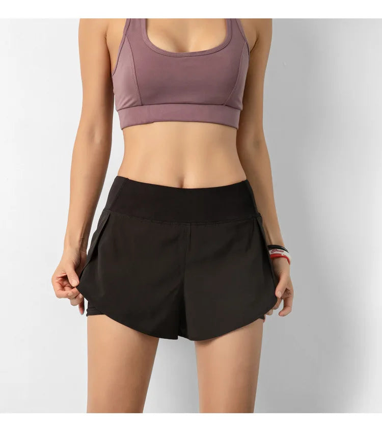 Pantalones cortos deportivos de doble cubierta para mujer, ropa deportiva para correr, Yoga, gimnasio, entrenamiento, trotar, Verano