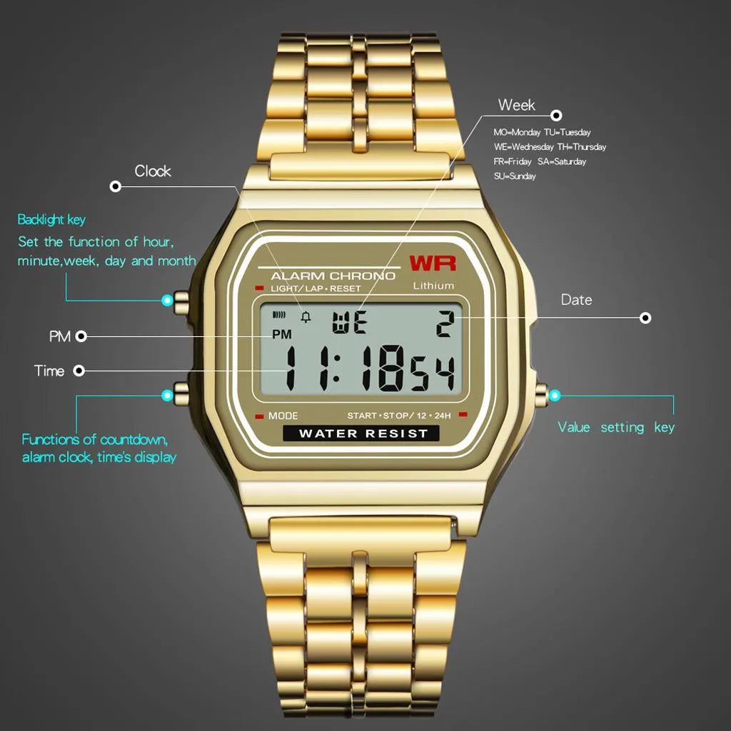 2025 relojes digitales para hombres, reloj de pulsera deportivo resistente al agua, reloj de pulsera LED electrónico dorado para mujeres, reloj informal para hombre