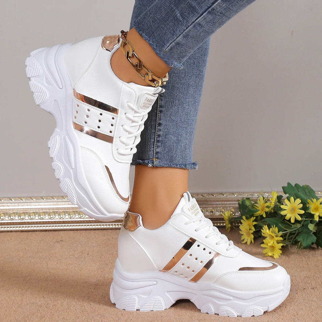 Zapatillas de deporte para mujer, zapatos informales con cuña de verano, de piel sintética con cordones, vulcanizadas, para exteriores, antideslizantes, 2025