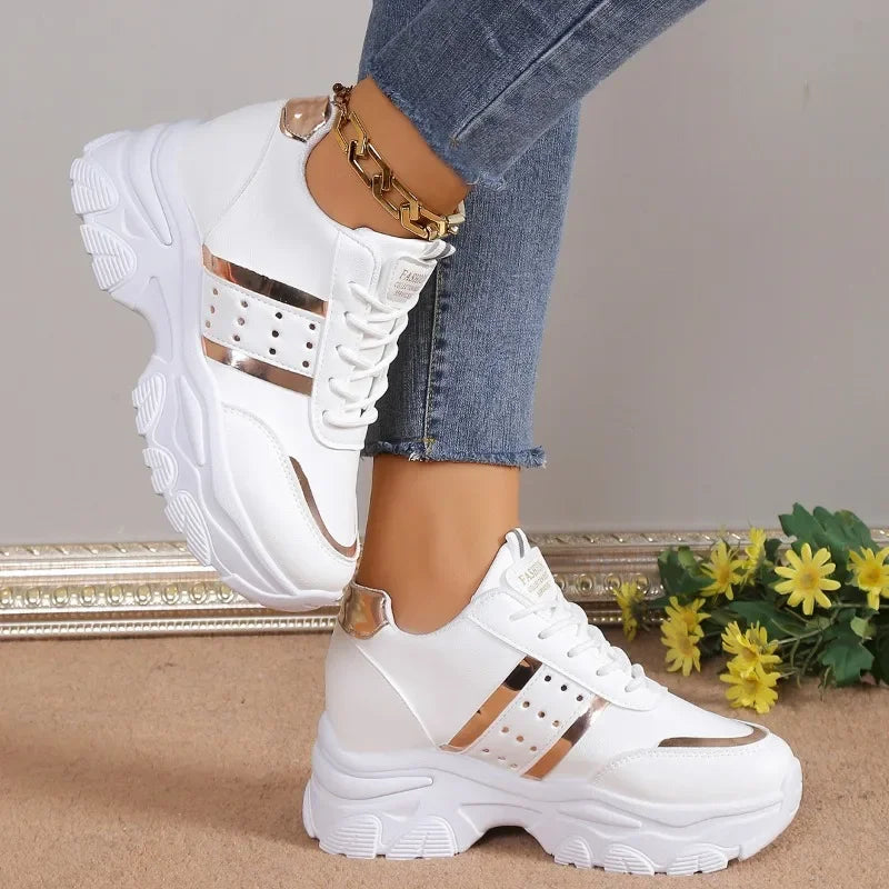 Zapatillas de deporte para mujer, zapatos informales con cuña de verano, de piel sintética con cordones, vulcanizadas, para exteriores, antideslizantes, 2025