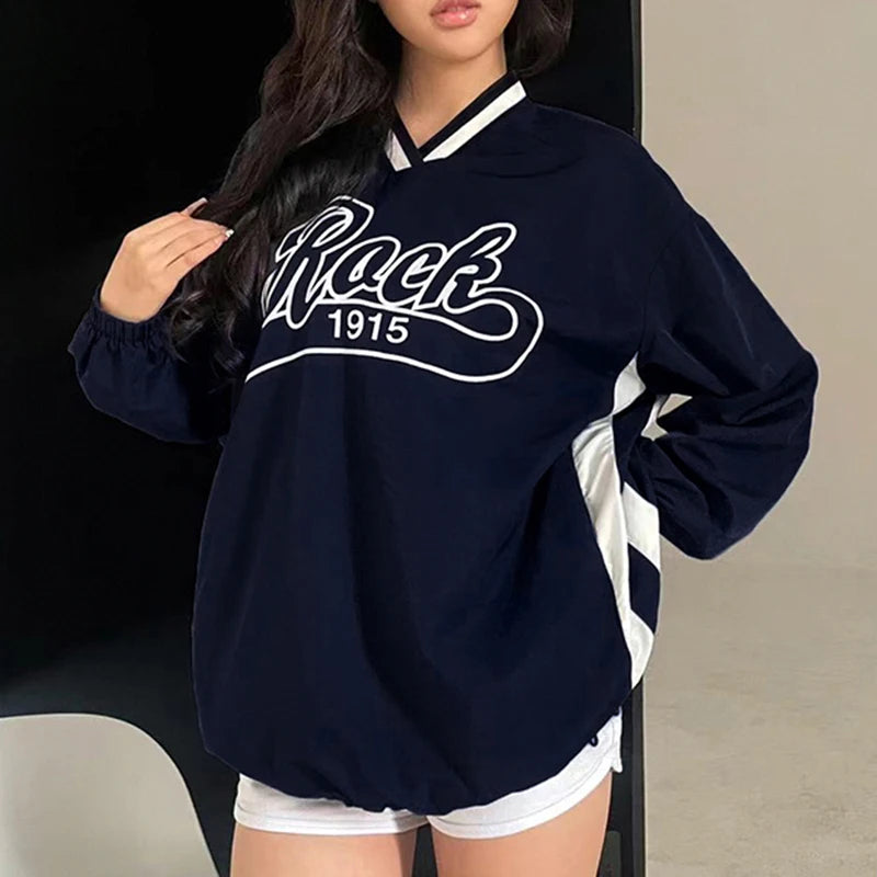 BIIKPIIK-Sudadera larga con capucha y cuello en V para mujer, abrigo informal con estampado de letras y rayas laterales, moda de otoño, combina con todo