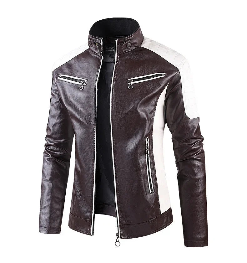 2025 nuevas chaquetas de bicicleta de motocicleta de cuero PU con cuello levantado bloqueado de Color para hombres, abrigo de PU informal fino multicolor para primavera y otoño