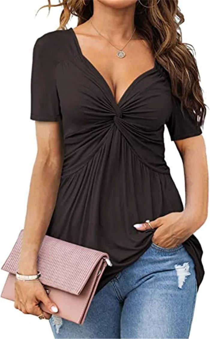 Camisas con cuello en V para mujer, Tops de manga frontal con nudo frontal, blusa larga informal elegante con pecho liso, camiseta, jersey