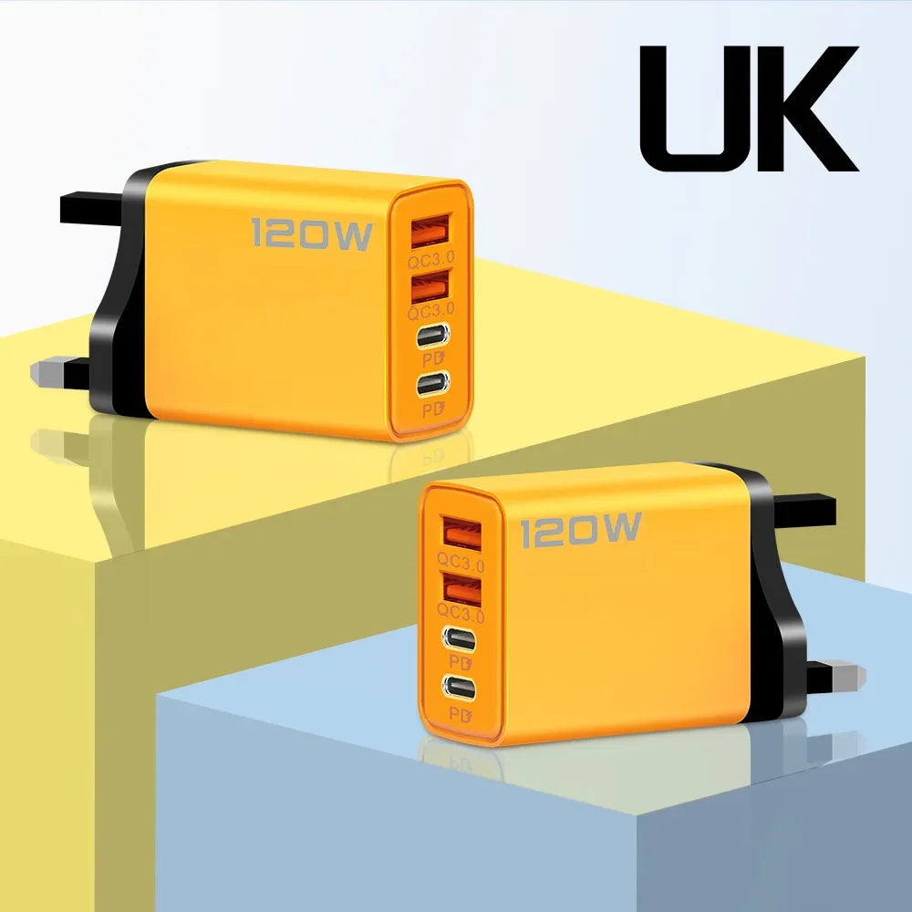Cargador de teléfono móvil de 4 puertos de carga rápida de 120W QC3.0 cargadores USB tipo C adaptador de pared PD Dual enchufe UE/EE. UU./Reino Unido para iPhone15 Xiaomi