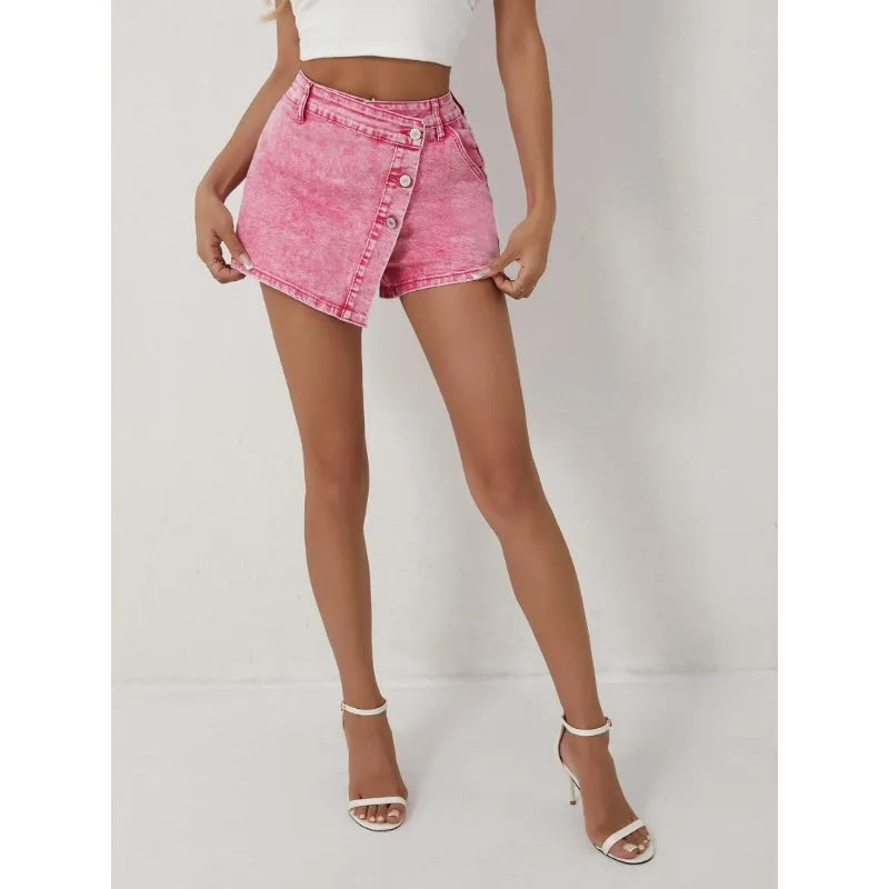 Pantalones cortos de mezclilla para mujer, estilo informal a la moda, pantalones de talle alto con botones asimétricos, nuevos pantalones vaqueros rosas 2025