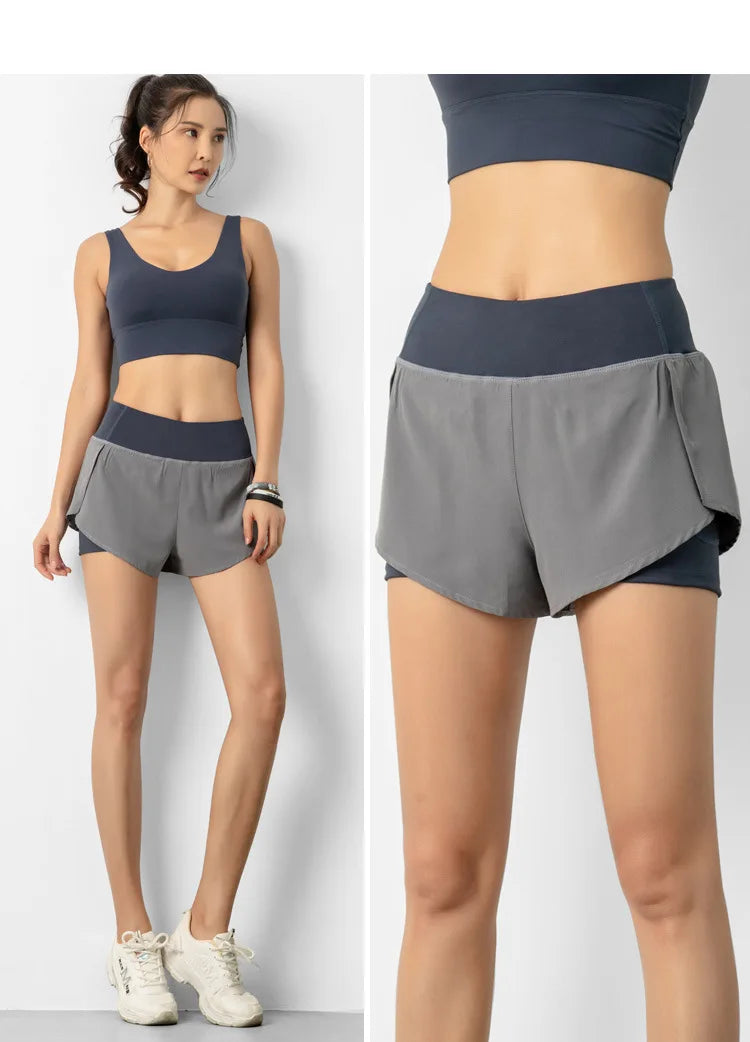Pantalones cortos deportivos de doble cubierta para mujer, ropa deportiva para correr, Yoga, gimnasio, entrenamiento, trotar, Verano