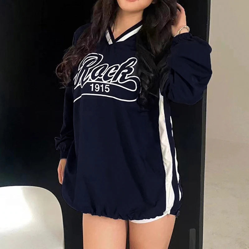BIIKPIIK-Sudadera larga con capucha y cuello en V para mujer, abrigo informal con estampado de letras y rayas laterales, moda de otoño, combina con todo