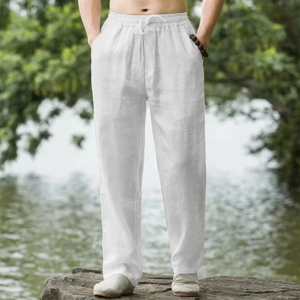 Pantalones de playa para hombre, ropa de calle, pantalones de chándal de lino y algodón, pantalones casuales, vacaciones hawaianas, sueltos, largos de verano