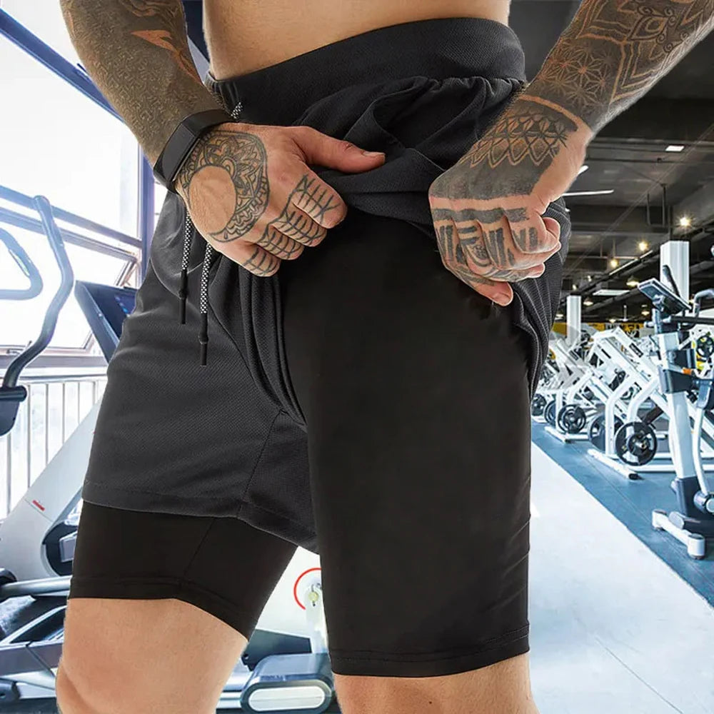 Pantalones cortos para correr 2 en 1 para hombre, pantalones cortos deportivos de dos pisos, ropa deportiva para gimnasio, pantalones cortos para entrenamiento y trotar, ropa para hombre