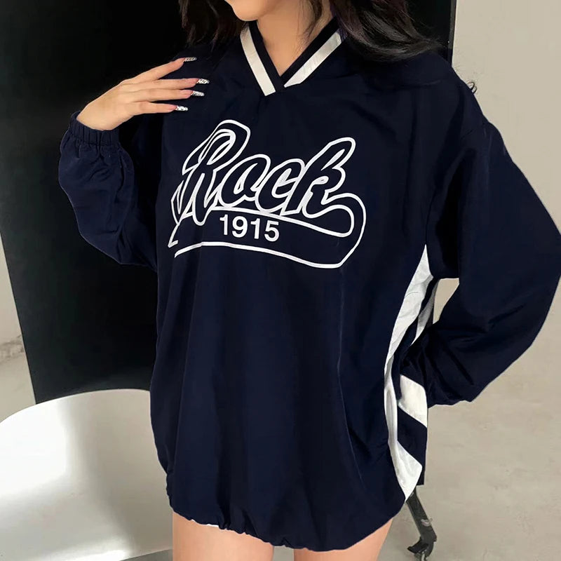 BIIKPIIK-Sudadera larga con capucha y cuello en V para mujer, abrigo informal con estampado de letras y rayas laterales, moda de otoño, combina con todo