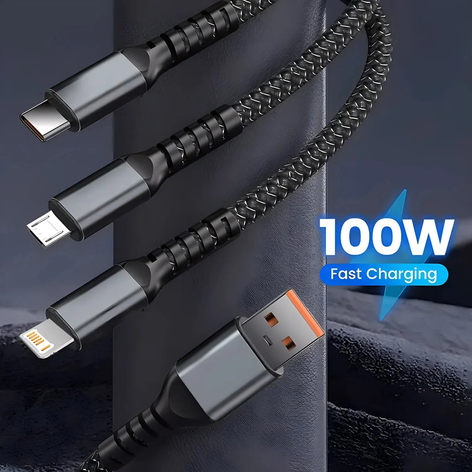 Cable de carga rápida de 100W, Cable cargador múltiple, nailon trenzado, USB múltiple, adaptador de Cable de carga Universal 3 en 1 con Micro tipo C