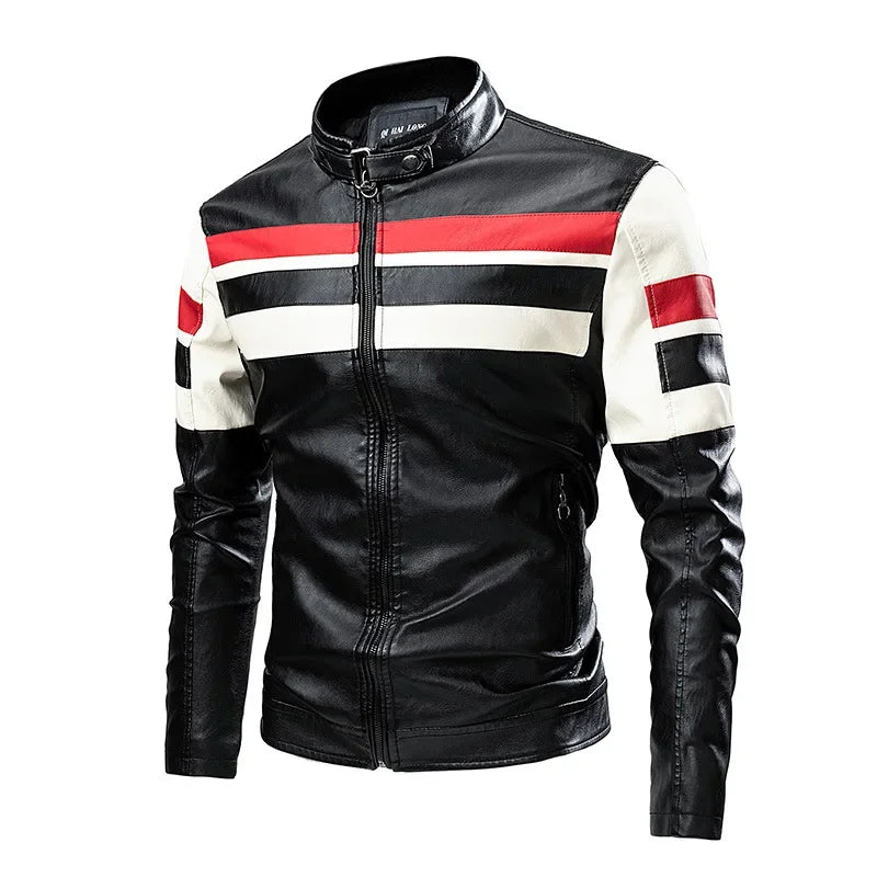2025 nuevas chaquetas de bicicleta de motocicleta de cuero PU con cuello levantado bloqueado de Color para hombres, abrigo de PU informal fino multicolor para primavera y otoño