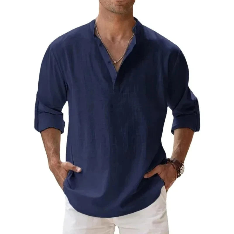 Ropa de calle, camisas ligeras para hombre, camisas de lino y algodón Henley de manga larga para hombre, camisas hawaianas de playa, camisetas con cuello transpirable