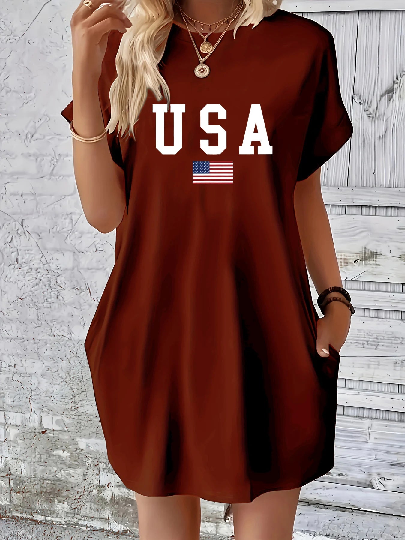Vestido informal cómodo con bolsillo y manga corta y cuello redondo con estampado de bandera de EE. UU. clásico holgado de verano para mujer