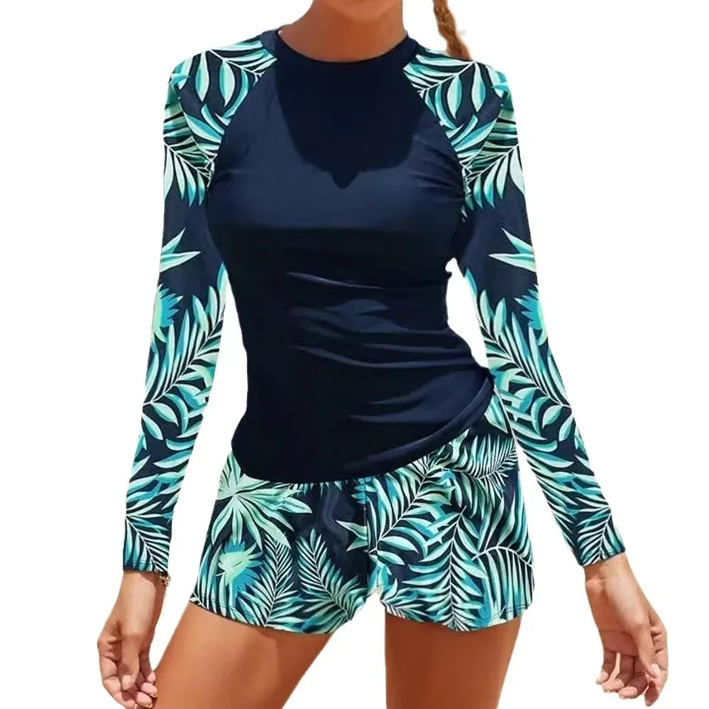Nuevo conjunto de Bikini estampado de manga larga con cuello redondo protección solar ajustado trajes de baño separados para mujer marca china AE Stock