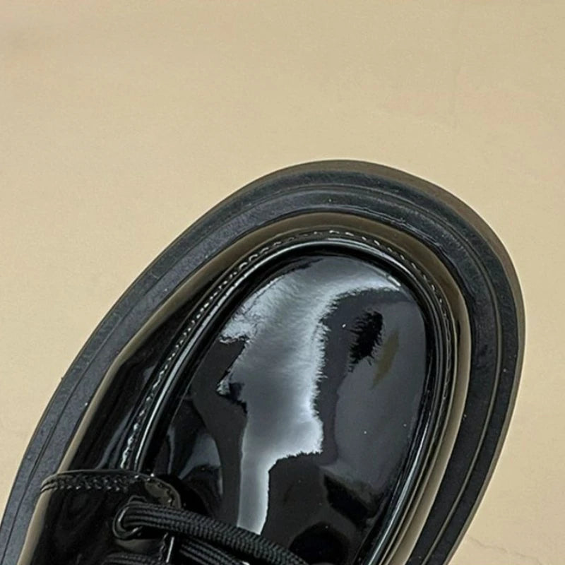 Zapatos planos de plataforma para Mujer, mocasines negros de otoño, Zapatos de cuero cómodos a la moda con cordones, Zapatos Oxford informales para exteriores para Mujer