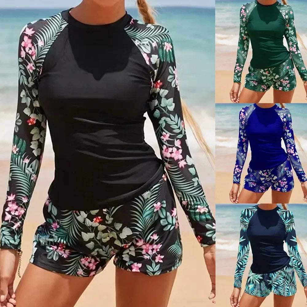 Nuevo conjunto de Bikini estampado de manga larga con cuello redondo protección solar ajustado trajes de baño separados para mujer marca china AE Stock