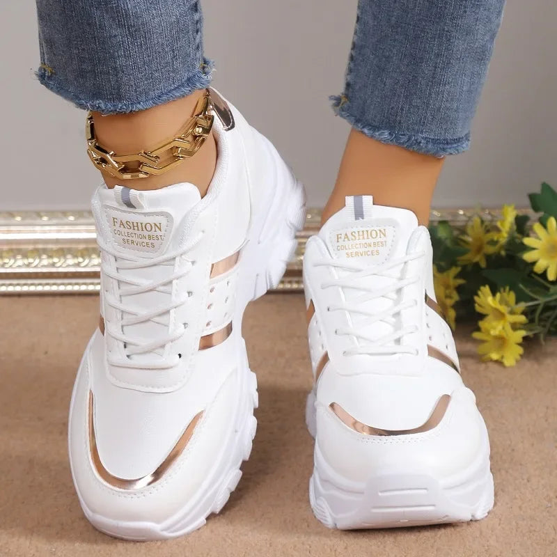 Zapatillas de deporte para mujer, zapatos informales con cuña de verano, de piel sintética con cordones, vulcanizadas, para exteriores, antideslizantes, 2025