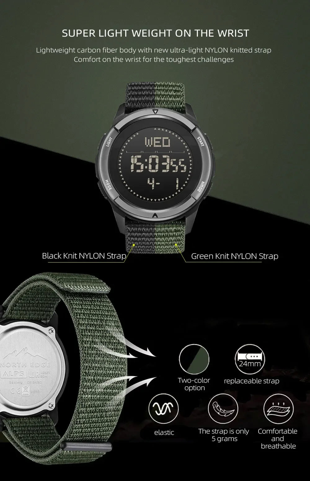 NORTH EDGE ALPS Reloj digital de fibra de carbono para hombre Shock Militray Sports Super ligero Brújula para exteriores Relojes de pulsera impermeables de 50 M