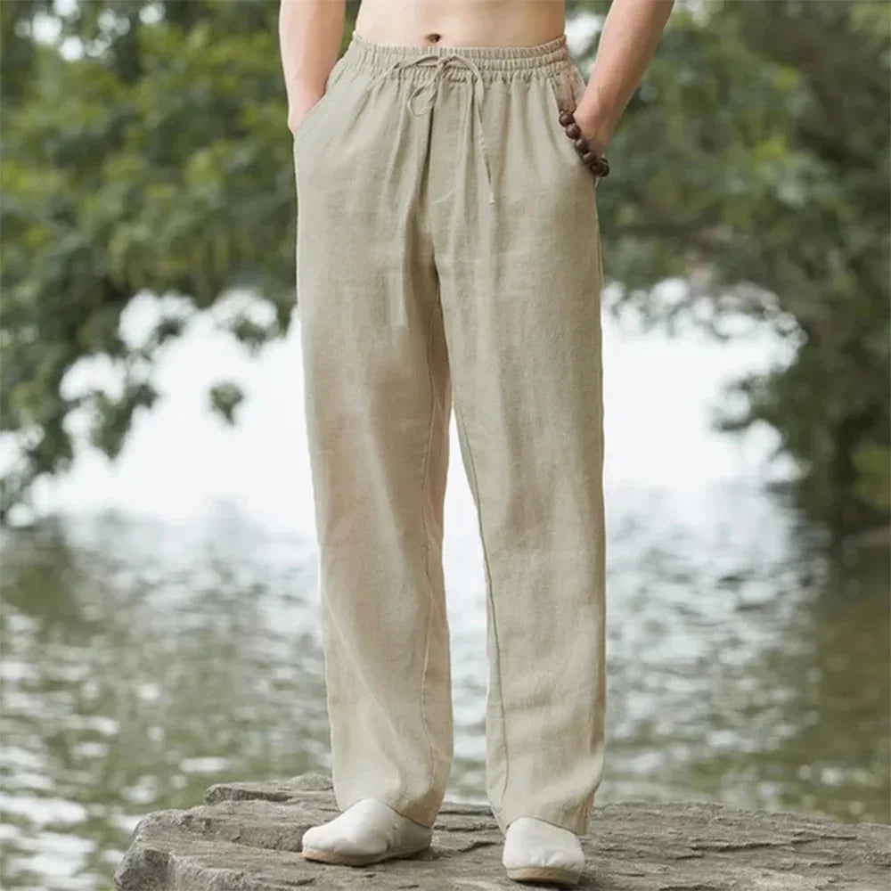 Pantalones de playa para hombre, ropa de calle, pantalones de chándal de lino y algodón, pantalones casuales, vacaciones hawaianas, sueltos, largos de verano