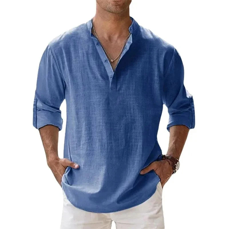 Ropa de calle, camisas ligeras para hombre, camisas de lino y algodón Henley de manga larga para hombre, camisas hawaianas de playa, camisetas con cuello transpirable