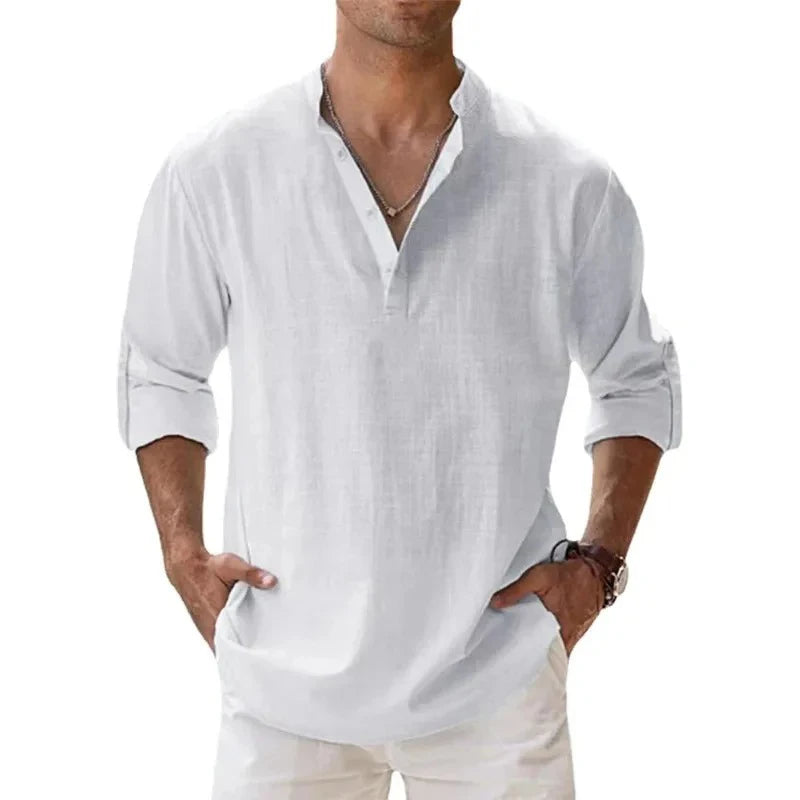 Ropa de calle, camisas ligeras para hombre, camisas de lino y algodón Henley de manga larga para hombre, camisas hawaianas de playa, camisetas con cuello transpirable