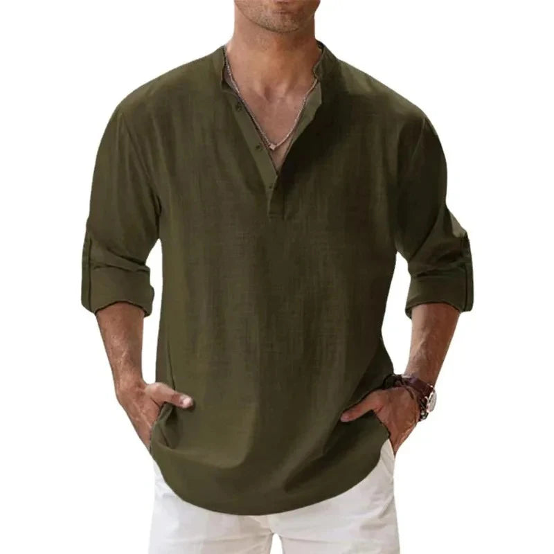 Ropa de calle, camisas ligeras para hombre, camisas de lino y algodón Henley de manga larga para hombre, camisas hawaianas de playa, camisetas con cuello transpirable