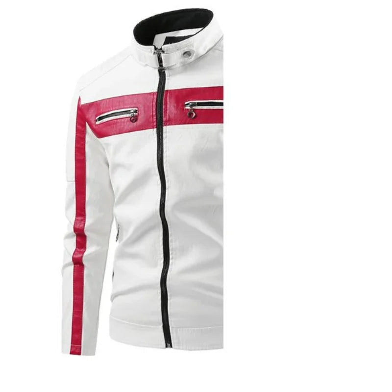 2025 nuevas chaquetas de bicicleta de motocicleta de cuero PU con cuello levantado bloqueado de Color para hombres, abrigo de PU informal fino multicolor para primavera y otoño