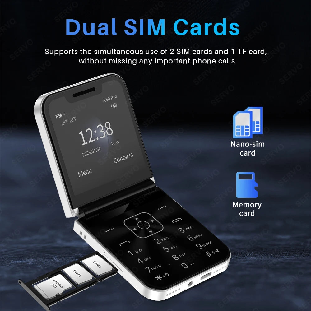 SERVO A50 PRO Flip teléfono móvil 2G GSM 2,4 "pantalla grabadora de llamadas automática marcación rápida 2 SIM televisores plegables oficial auténtico
